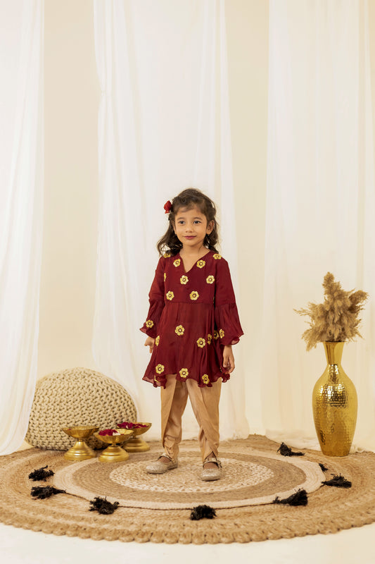 Maroon Embroidered Kurta Set for Girls | Jhilmil Collection