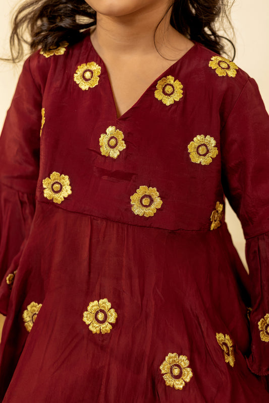 Maroon Embroidered Kurta Set for Girls | Jhilmil Collection